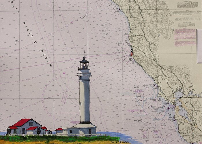 California Greeting Card featuring the painting Point Arena Lighthouse on a NOAA Nautical Chart by Mike Robles