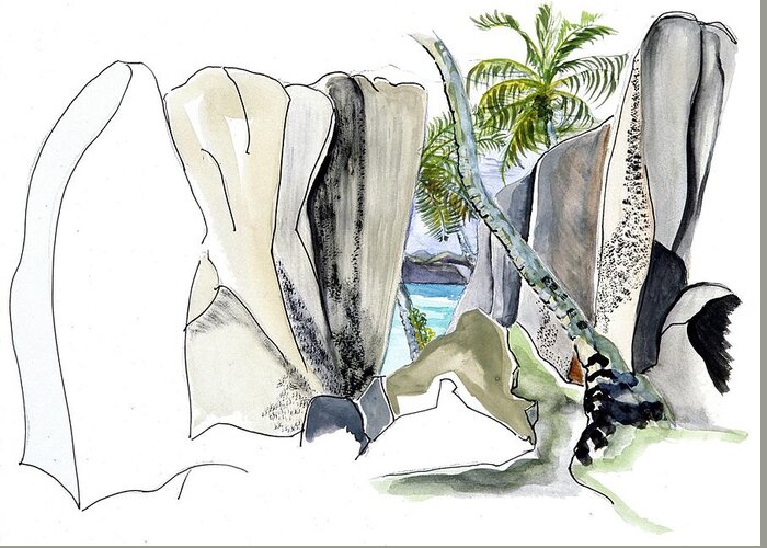 Significant Island Landmark Greeting Card featuring the painting Pointe Source de l'Argent - Seychelles by Joan Cordell