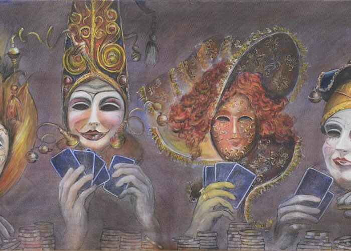 Poker Faces Greeting Card featuring the painting Poker Game Faces by Nik Helbig