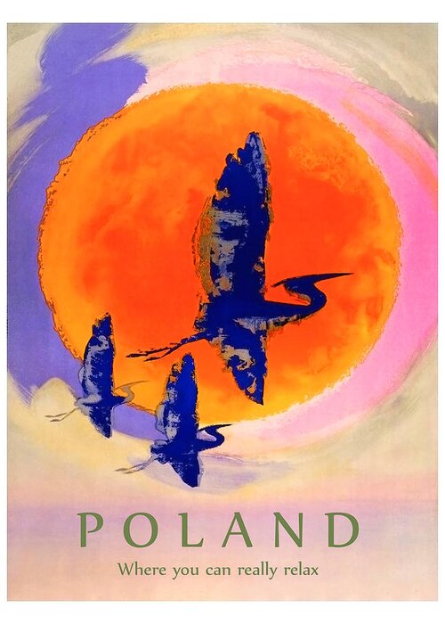 Poland Greeting Card featuring the painting Poland, flying storks on the sun, travel poster by Long Shot