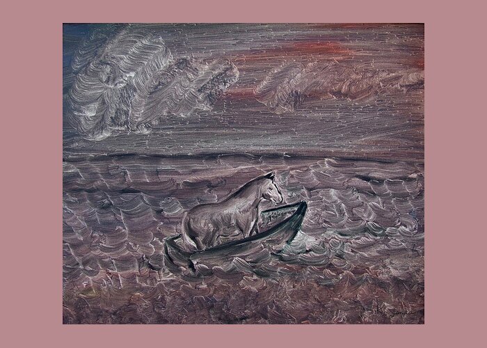 Katt Yanda Original Art Landscape Oil Painting Canvas Pony Boat Ocean Sea Alone Greeting Card featuring the painting Pony in a Boat by Katt Yanda