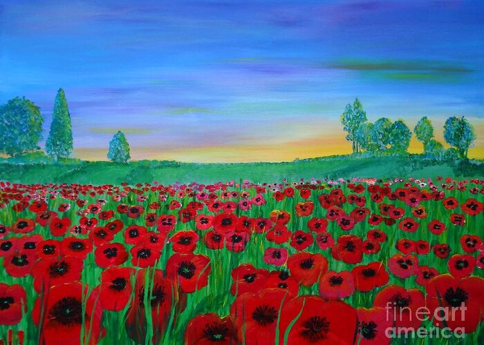 Poppies Greeting Card featuring the painting Poppy Field at Sunset by Karen Jane Jones