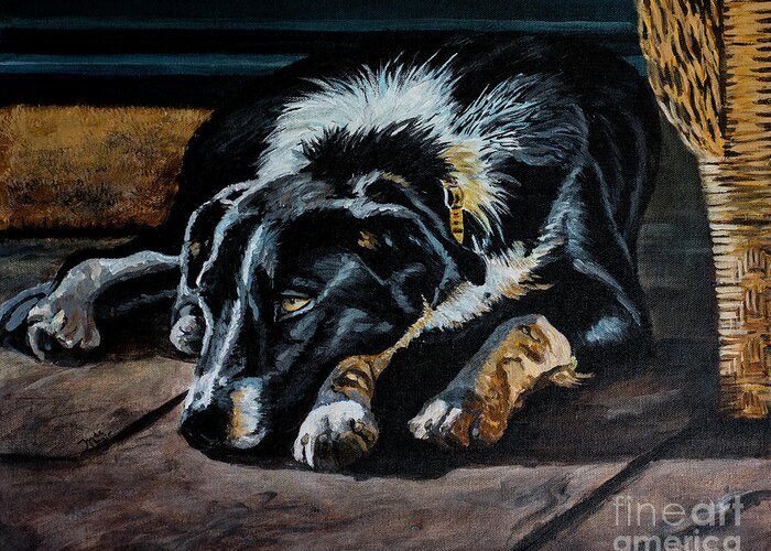 Acrylic Greeting Card featuring the painting Porch Pup by Jackie MacNair