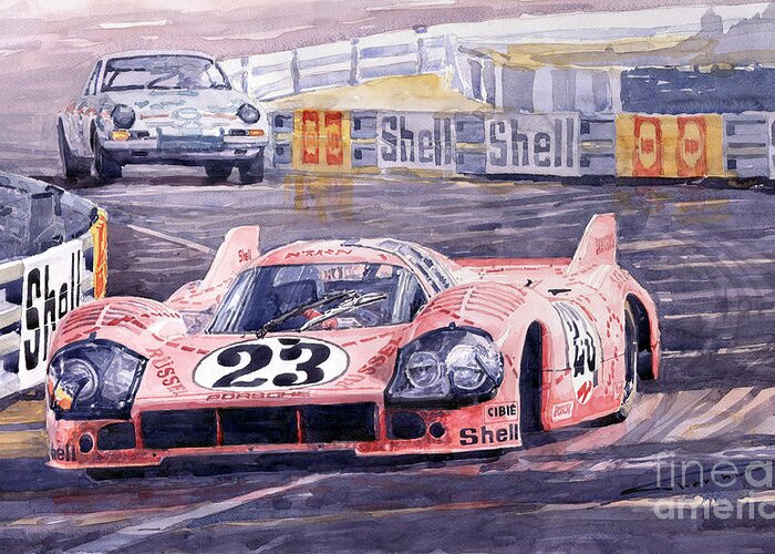 Watercolor Greeting Card featuring the painting Porsche 917-20 Pink Pig Le Mans 1971 Joest Reinhold by Yuriy Shevchuk