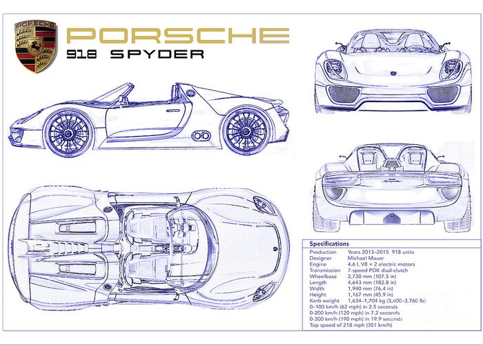 Porsche 918 Spyder Blueprint Greeting Card featuring the photograph Porsche 918 Spyder Blueprint by Jon Neidert