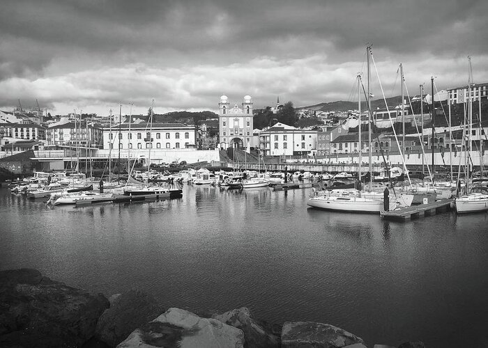 Kelly Hazel Greeting Card featuring the photograph Port of Angra do Heroismo, Terceira Island, The Azores in Black and White by Kelly Hazel