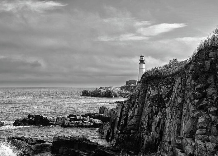 Portland Greeting Card featuring the photograph Portland Head Lighthouse - Cape Elizabeth Maine in Black and White by Bill Cannon