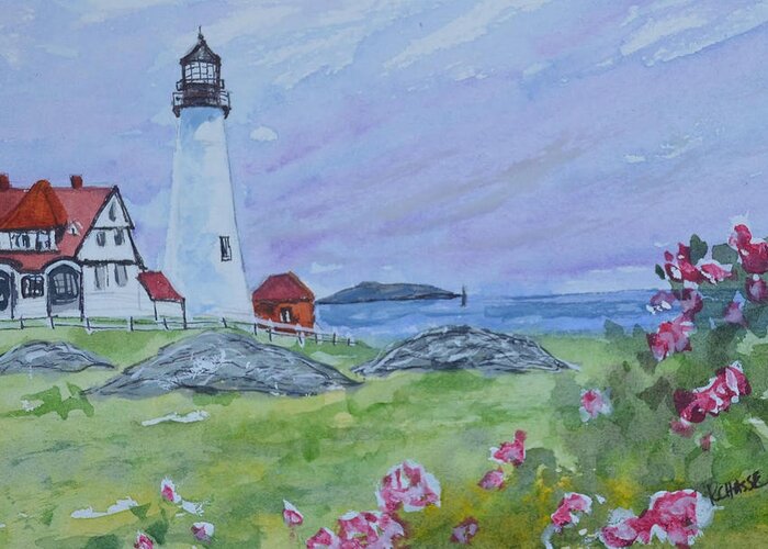 Lighthouse Greeting Card featuring the painting Portland Headlight Roses by Kellie Chasse