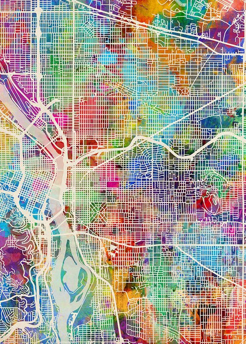 Portland Greeting Card featuring the digital art Portland Oregon City Map by Michael Tompsett