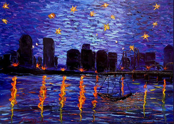  Greeting Card featuring the painting Portland Starry Night #2 by James Dunbar