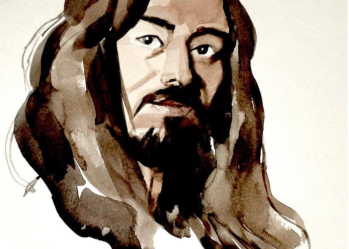 Portrait Greeting Card featuring the painting Watercolor Portrait of a Man with Long Hair by Greta Corens