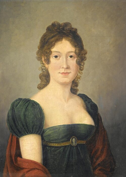 French School Greeting Card featuring the painting Portrait of a Lady in a Green Dress decorated with a Cameo by French School