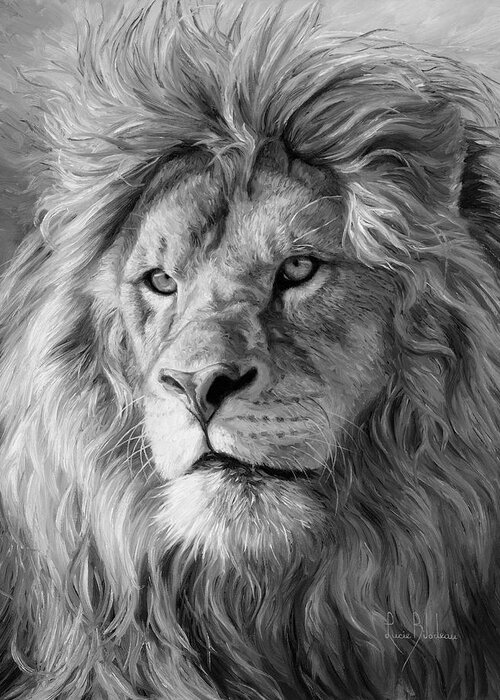 Lion Greeting Card featuring the painting Portrait of a Lion - Black and White by Lucie Bilodeau