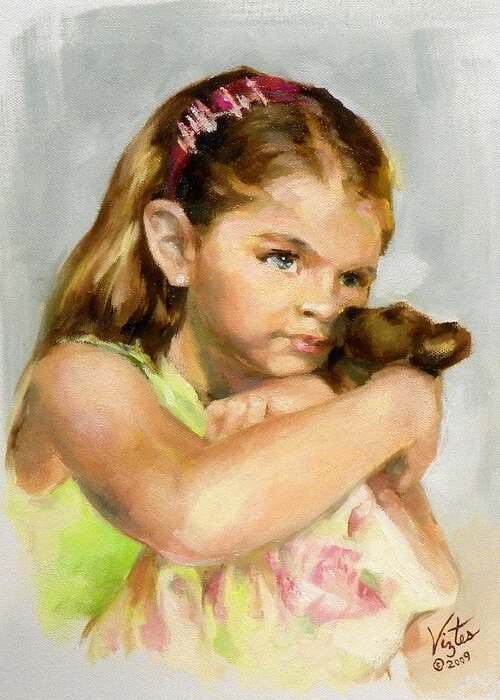 Liz Viztes Greeting Card featuring the painting Portrait of a Young Girl with Toy Bear by Liz Viztes