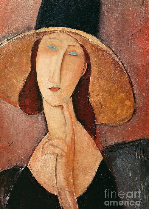 Portrait Greeting Card featuring the painting Portrait of Jeanne Hebuterne in a large hat by Amedeo Modigliani