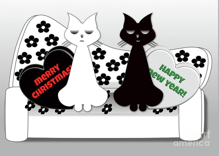 Christmas Greeting Card featuring the digital art Christmas Cats Black and White Cartoon by Barefoot Bodeez Art