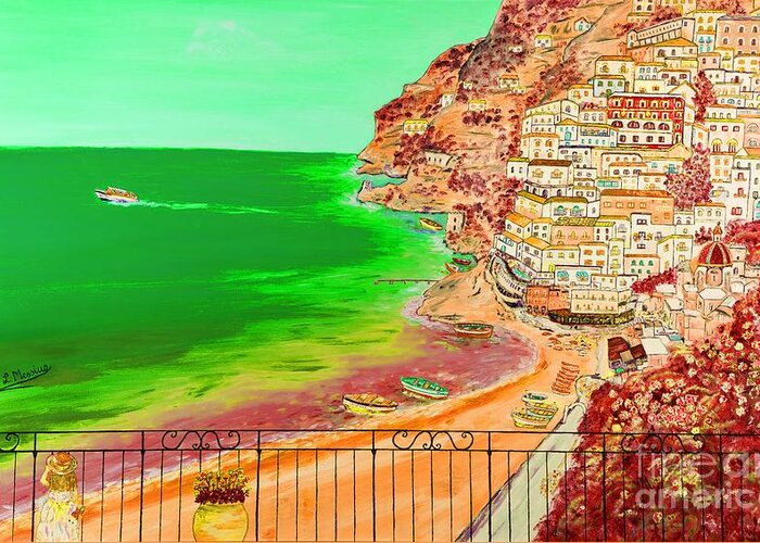  Drawing Greeting Card featuring the painting Positano Bay by Loredana Messina