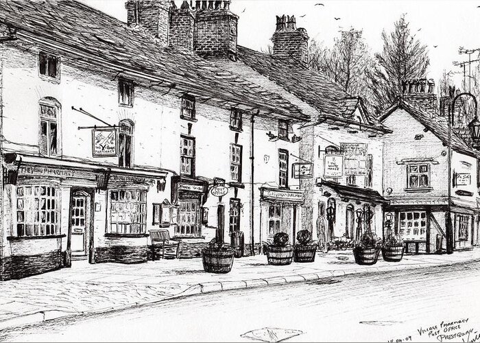 Prestbury Greeting Card featuring the drawing Post office Prestbury by Vincent Alexander Booth
