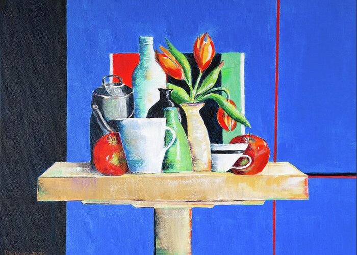 Acrylic Greeting Card featuring the painting Pots And Vases On Blue by Seeables Visual Arts