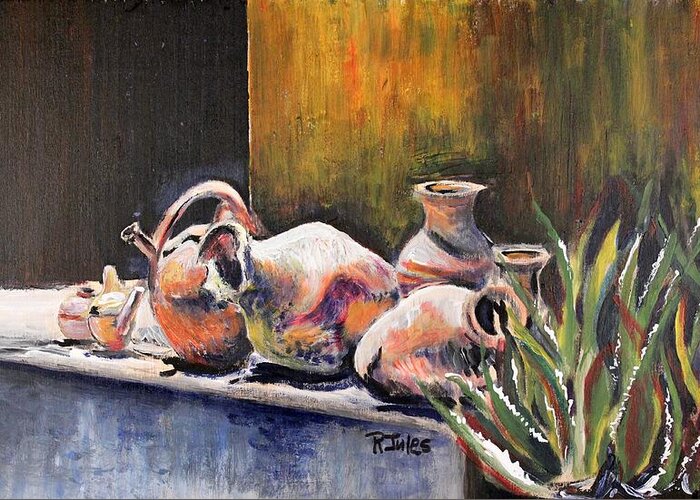 Still Life Greeting Card featuring the painting Pottery and Aloe by Richard Jules