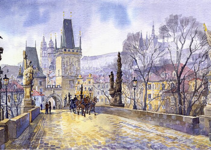 Watercolour Greeting Card featuring the painting Prague Charles Bridge Mala Strana by Yuriy Shevchuk