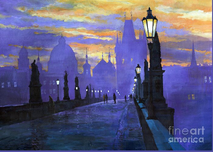 Acrilic On Canvas Greeting Card featuring the painting Prague Charles Bridge Sunrise by Yuriy Shevchuk