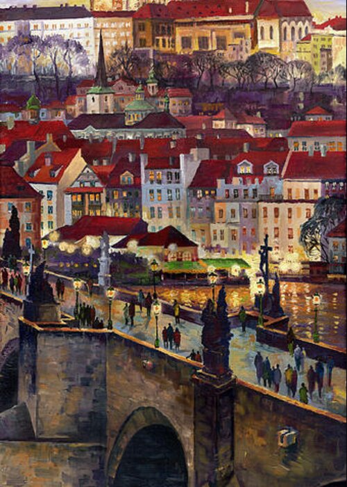 Prague Greeting Card featuring the painting Prague Charles Bridge with the Prague Castle by Yuriy Shevchuk