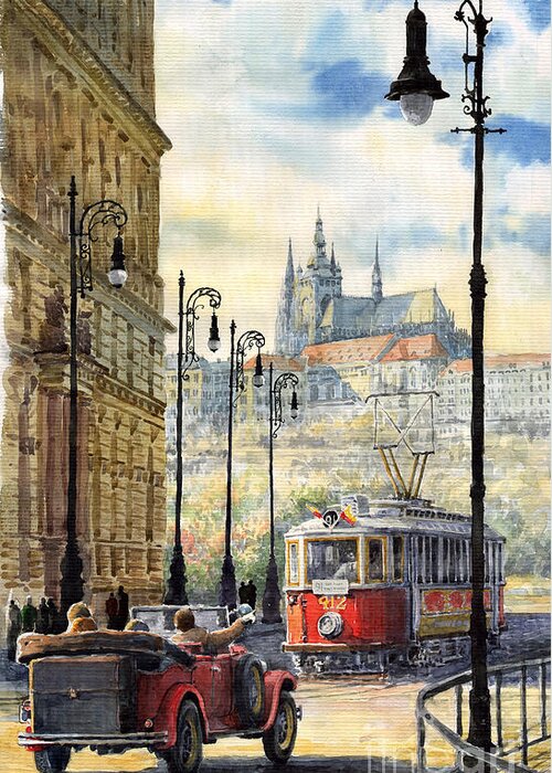 Architecture Greeting Card featuring the painting Prague Kaprova Street by Yuriy Shevchuk