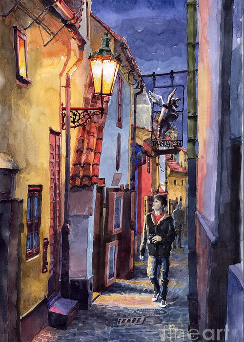 Goldenline Greeting Card featuring the painting Prague Old Street Golden Line by Yuriy Shevchuk