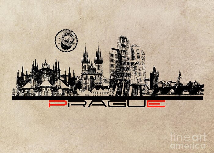 Prague Greeting Card featuring the digital art Prague skyline city by Justyna Jaszke JBJart
