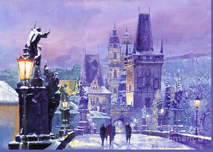 Oil Greeting Card featuring the painting Prague Winter Charles Bridge by Yuriy Shevchuk