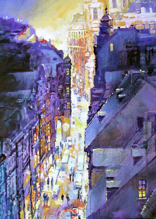 Painting Greeting Card featuring the painting Praha Mostecka str. Winter Evening by Yuriy Shevchuk