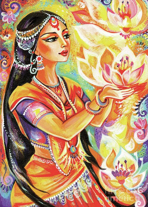 Indian Goddess Greeting Card featuring the painting Pray of the Lotus River by Eva Campbell