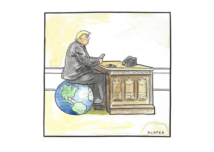 Captionless Greeting Card featuring the drawing President Trump in the seat of power by Brendan Loper