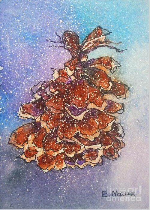 Watercolor Painting Greeting Card featuring the painting Funky Pinecone by Eunice Miller