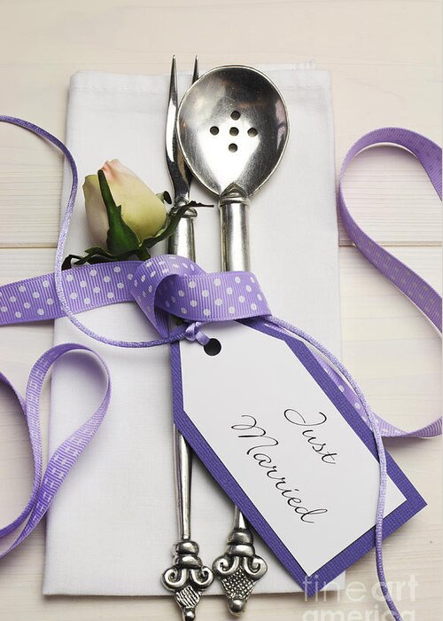 Table Setting Greeting Card featuring the photograph Pretty purple polka dot wedding table place setting by Milleflore Images