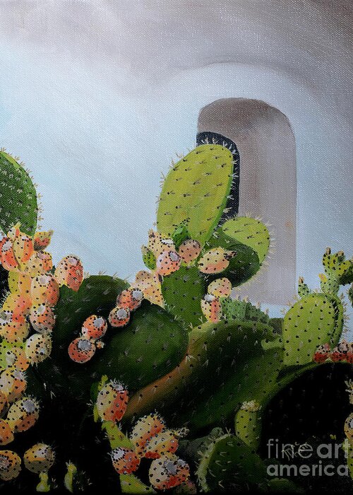 Mission La Purisima Greeting Card featuring the painting Prickly Pear Cactus at Mission la Purisima by Jackie MacNair