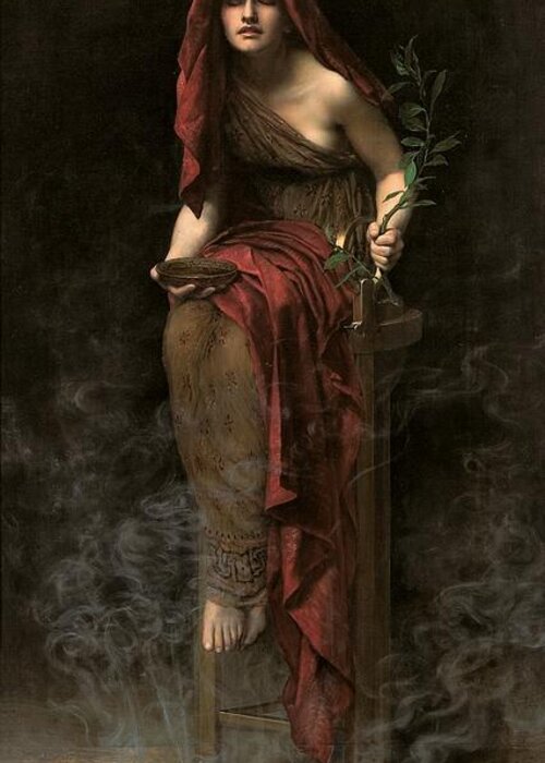 Portrait Greeting Card featuring the painting Priestess of Delphi by John Collier