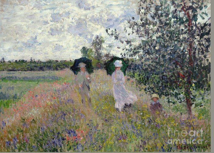 Walk; Walking; Landscape; Impressionist; Male; Female; Family; Child; Parasol; Parasols; Monet; Claude; Family; Umbrella; Umbrellas; Dress; Suit; Hat; Hats; Stroll; Tree; Trees; Grass; Grassy; Green; Flower; Flowers; Bush; Bushes; Argenteuil Greeting Card featuring the painting Promenade near Argenteuil by Claude Monet