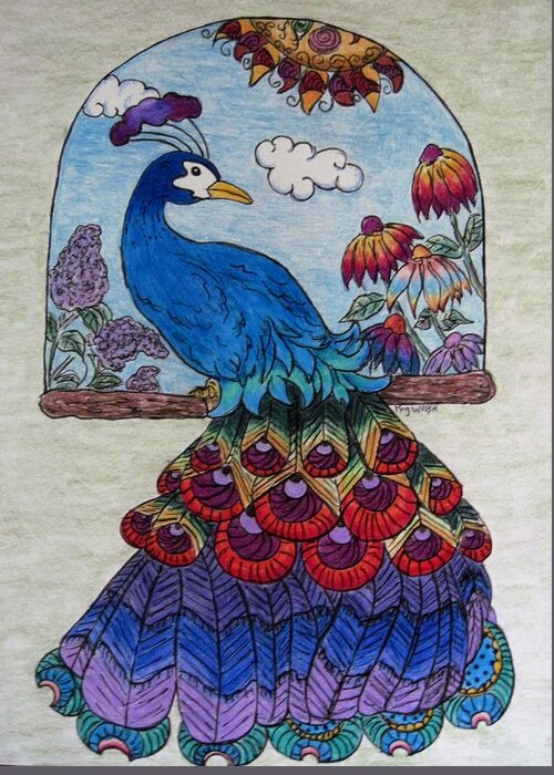 Peacocks Greeting Card featuring the drawing Proud Peacock by Megan Walsh