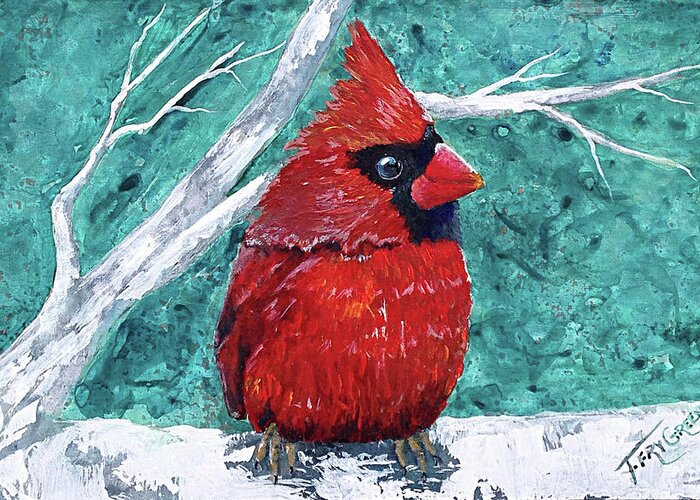 Cardinal Bird Art Greeting Card featuring the painting Pudgy Cardinal by Teresa Fry