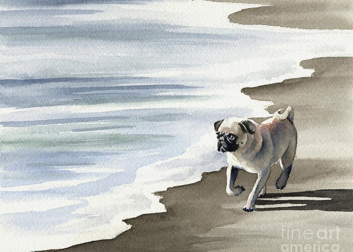 Pug Greeting Card featuring the painting Pug at the Beach by David Rogers