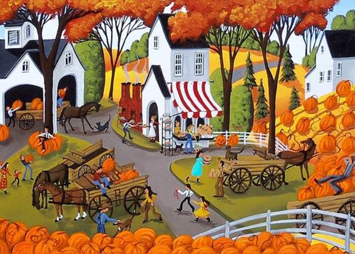 Folk Art Greeting Card featuring the painting Pumpkin Festival - folk art landscape by Debbie Criswell