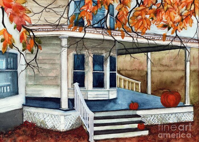 Farmhouse Greeting Card featuring the painting Pumpkin Porch - Halloween House by Janine Riley