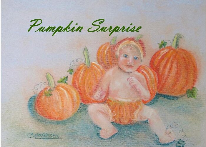 Baby Greeting Card featuring the drawing Pumpkin Surprise by Carol Allen Anfinsen