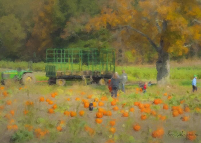 Orange Greeting Card featuring the painting Pumpkins at Langwater Farm by Bill McEntee