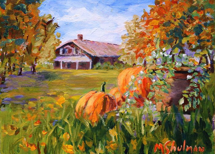 Pumpkins Greeting Card featuring the painting Pumpkins in the fall. by Madeleine Shulman