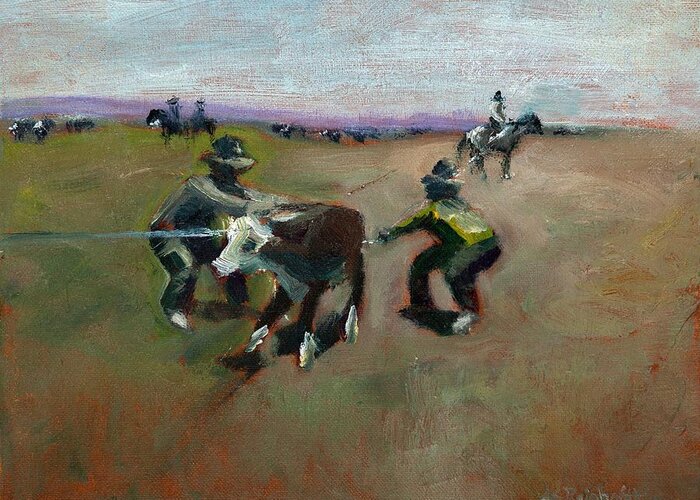 Cattle Greeting Card featuring the painting Punchin Doggies by Jason Reinhardt