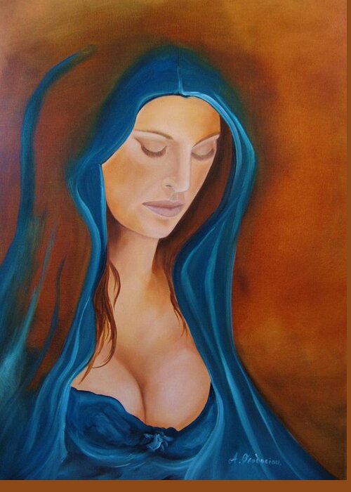 Woman Portrait Greeting Card featuring the painting Purity and sin by Antonios Theodosiou