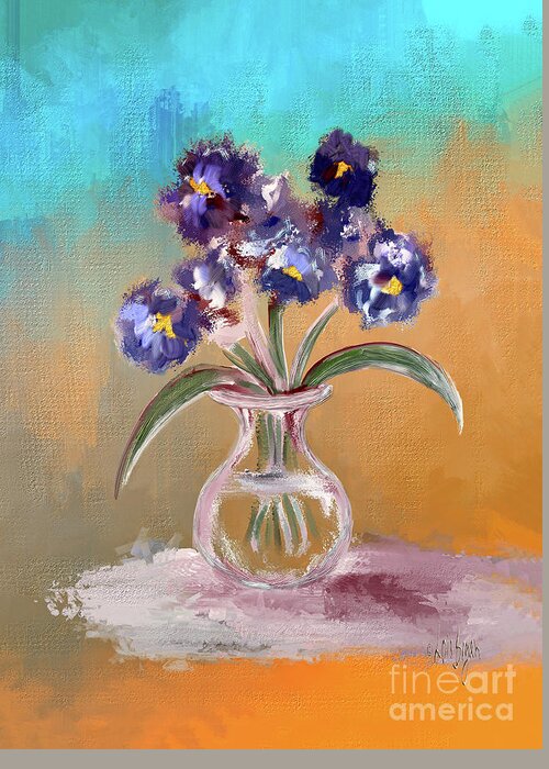 Still Life Greeting Card featuring the digital art Purple and Blue Pansies In Glass Vase by Lois Bryan